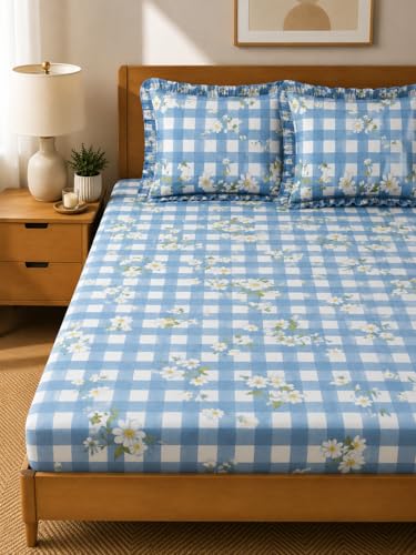 Image of King Size Fitted Bedsheet for Double Bed | 300 TC Cotton Feel Microfiber | All Around Elastic with 2 Frill Pillow Covers | Soft & Durable | (BlueCKFrill, Fitted - 72 x 78 Inch King)