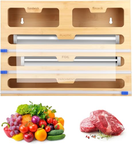 Dispensador y cortador de film transparente, dispensador de papel de aluminio de bambú para cajón de cocina, organizador 5 en 1, almacenamiento para películas adhesivas y papel de aluminio, 40 cm
