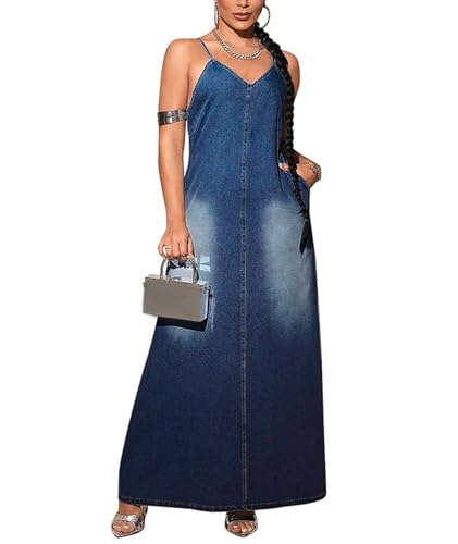 Image of Sexyshine Women's Sleeveless Adjustable Strap Maxi Denim Dress V Neck Washed Blue Plus Size Cami Long Jean Dress Pockets