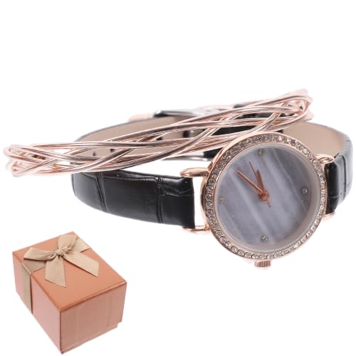 NUOBESTY Zarte Damenarmbanduhr aus Pu, Schwarz, mit Armband und Box
