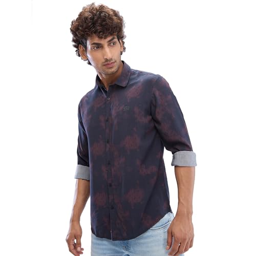 Image of Spykar Full Sleeve Slim Fit Printed Red Shirts for Men (Size: 3XL)-MSHPS2BD055-Plum Red