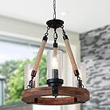 Giluta Wooden Ring Hemp Rope Chandelier Retro Farmhouse Style Pendant Lighting Vintage Round Ceiling Light Fixtures 3 Lights with Seeded Glass Shade, Brown (C0047)