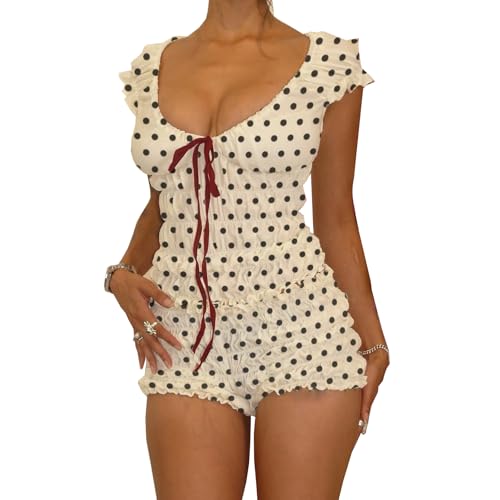 RUEWEY Women Polka Dot Pajamas Set Scoop Neck Cami Top Smocked Ruffle Shorts 2 Piece Lounge Set Sleepwear (WHITE, M)