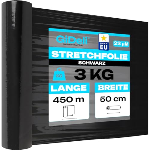 GiDeli Rollo de lámina elástica negra – Película para envolver – Película elástica a mano 450 m/50 cm Material de embalaje – Película de embalaje en rollos – Película para muebles – Láminas para