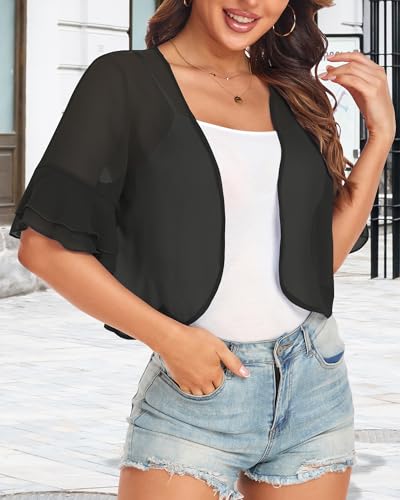 Women's Cardigan Bolero Shrug Ruffle Short Sleeve Open Front Loose Sheer Jackets for Tops3