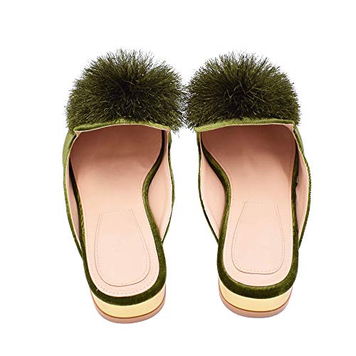 Fericzot Mules For Women,Slip On Backless Loafers Flats Puff Pompom Pointed Toe Casual Shoes Slippers Green 9 #TOP3