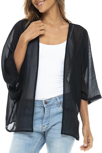Image of Back From Bali Womens Sheer Black Kimono Cardigan Short Open Front Sleeve Chiffon Duster