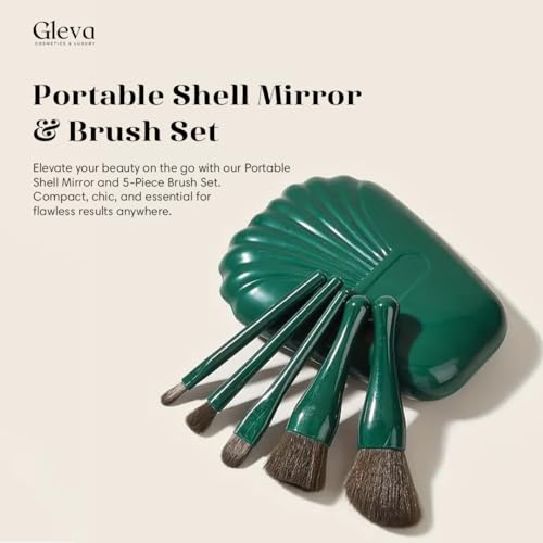Image of Gleva Travel Size Mini Makeup Brushes Set with Mirror Small Complete Function Cosmetic 5 Pcs Brushes Kit Case Apply to Face Foundation Powder Concealers Eyebrow Eyeshadow (Green (Shell Shape))