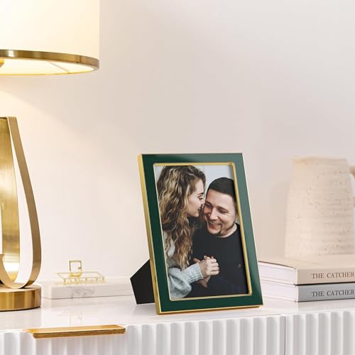 Image of eletecpro 5x7 Enamel Picture Frame with Real Glass Cover, Cute Photo Frame with Gold Metal Edge, Horizontal and Vertical Display Pictures 5 by 7 for Tabletop and Wall Decor, Green, 1 Pack