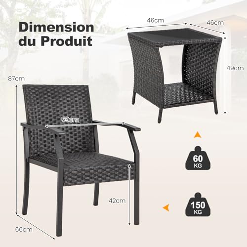 GYMAX Ensemble de Meubles de Patio 3 PCS, 2 Chaises en Rotin et 1 Table avec Étagère Ouverte, Sièges Rembourrés, Cadre en Métal pour Extérieur Jardin, Balcon & Terrasse – Image 5