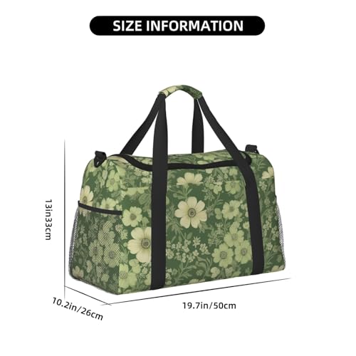 Green Floral Print Travel Duffle Bag - Foldable Personal Item Travel Bag for Women & Men,Carry-On Convertible Crossbody Tote Bags with Adjustable Shoulder Strap & Pockets 13x10.2x19.7 in4