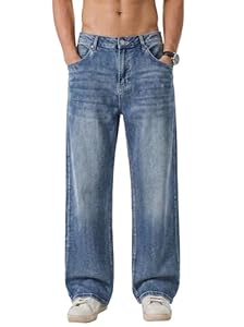 JMIERR Jeans Herren Baggy Baumwolle Weite Jeans Hose Herren Stretch Vintage Loose Fit - Bequeme Streetwear Freizeithosen Blau L