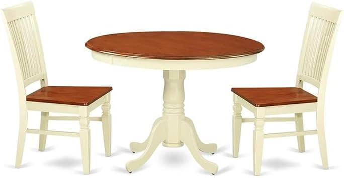 East West Furniture HLWE3-BMK-W 3 Piece Dinette Set for Small Spaces Contains a Round Dining Table with Pedestal and 2 Dining Chairs, 42x42 Inch, Buttermilk & Cherry