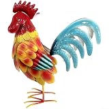 Coq en fer forgé peint à la main pour l'extérieur pour jardin, cour, patio et utilisation décorative intérieure (rouge et jaune)