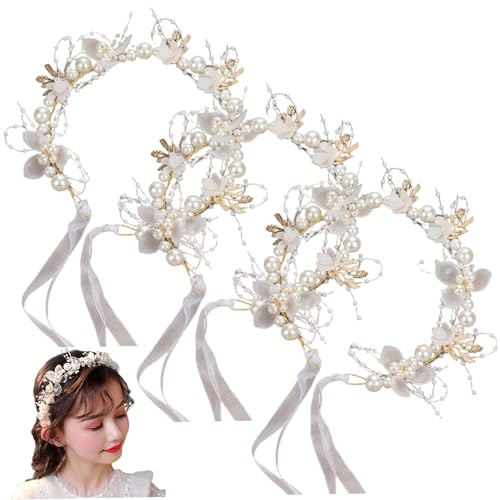 Tocado de niña de flores ajustable con perlas anticaída y cinta suave para bodas y fiestas