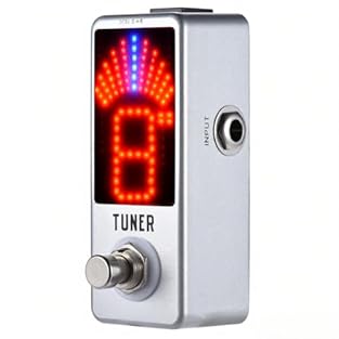 True bypass circuitry allows the signal going straight from the IN to the OUT. Bright LED display for reading the tuning information easily. Chromatic tuner pedal for electric, acoustic guitar and bass. Metal case, and long service life size and meta...