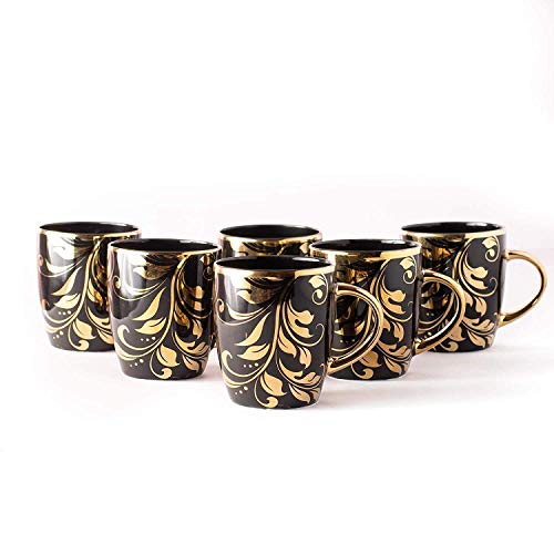 Image of Diamond Gold Black Ceramic Tea Coffee Cups Mug Set of 6 (Black Gold) Bharat