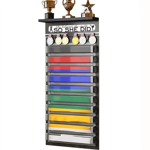 TL TONLOK 3 in 1 Karate and 10 Belts Taekwondo Belt Display Rack with Medal Hanger, Trophy/Photo Rack, and Felt Dustproof Design. (SO SHE DID, 10 Belts)