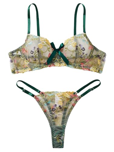 Image of Sexy Floral Embroidered Flower Mesh Underwire Push Up Lingerie Set