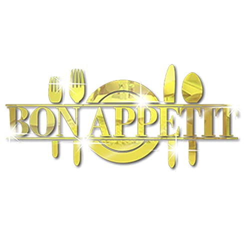 Bon Appetit 3D Acrylic Mirror Wall Decals Kitchen, Spoon Fork Knife Mirror Wall Stickers, Removable Kitchen Wall Sign Wall Decor for Dining Room Table Cafe DIY Art Decoration (Gold)