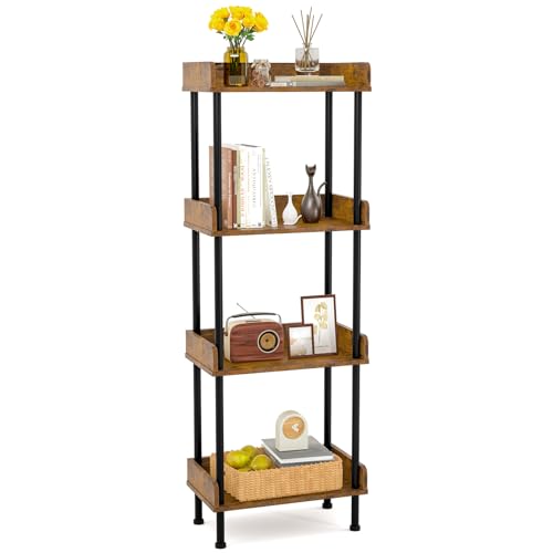 Suhu Estante para Libros con de 4 Niveles, Soporte de Cocina, estantes de Madera y Marco de Metal, Estante Moderno para Sala de Estar, Dormitorio, balcón + marrón