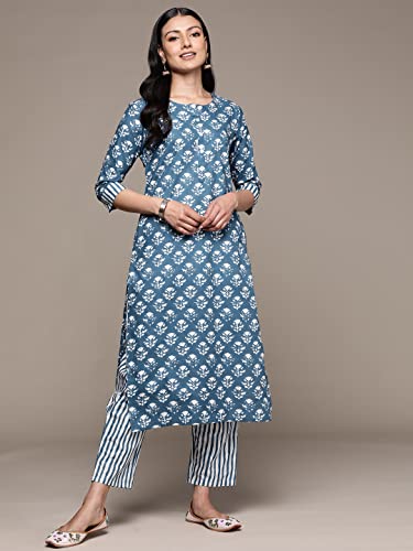 Image of anubhutee Women's Cotton Blue Floral Printed Straight Kurta Suit Set With Pants