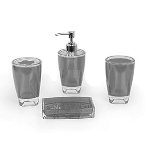 Fingey Modern Design 4 Piece Bathroom Accessory Set, Soap Dish, Tooth Brush Holder, Soap Dispenser, Rinse Cup (Grey)