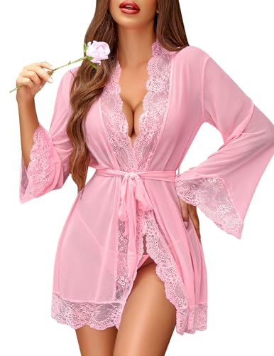 Image of Avidlove Women Lace Kimono Robe Babydoll Sexy Lingerie Mesh Chemise Nightgown Cover Up