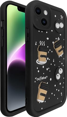 Image of SHINESTAR Back Cover for iPhone 14 Plus - 3D Cartoon Coffee & Eyes Design | Soft Silicone Shockproof Case with Full Camera Protection | Cute & Playful Phone Cover - Black