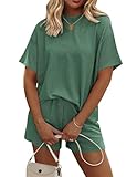 Ekouaer Womens Pajama Sets Short Sleeve Lounge Sets 2 Piece Pjs Tops and Shorts Outfits Matching Loungewear with Pockets Forestgreen