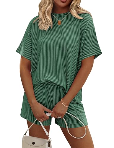 Ekouaer Womens Pajama Sets Short Sleeve Lounge Sets 2 Piece Pjs Tops and Shorts Outfits Matching Loungewear with Pockets Forestgreen