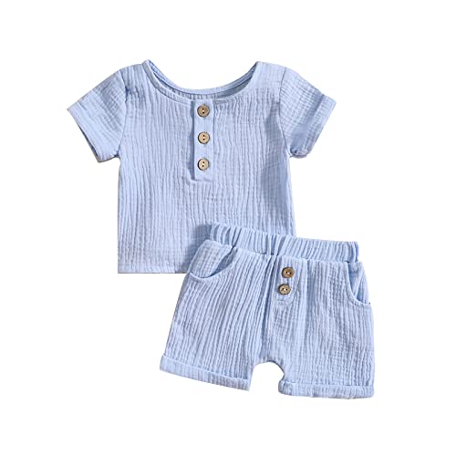 Image of fhutpw Baby Boys 2Pcs Summer Outfits Short Sleeve T-Shirt Tops Elastic Waistband Shorts Set Toddler Clothes