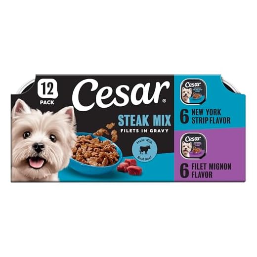 Cesar Filets in Gravy Adult Wet Dog Food Variety Pack, Filet Mignon and New York Strip Flavors, 3.5 oz. Easy Peel Trays, Variety Pack, 12 Count