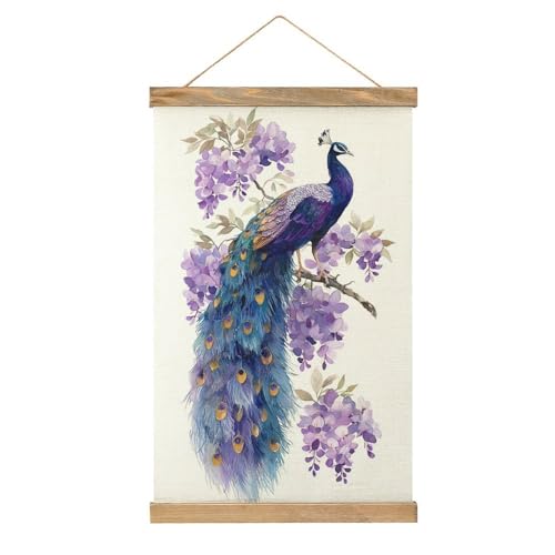 Jubonexis Peinture sur toile aquarelle paon avec fleurs violettes - Cadre en bois - Décoration murale
