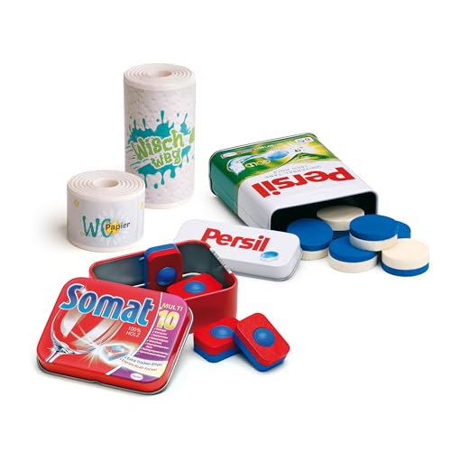 Erzi Juego de pastillas para lavavajillas Somat y detergente Persil en lata, rollo de cocina y papel higiénico, juego de rol