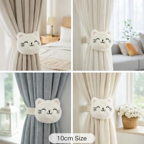Image of Cute Cat Curtain Tieback Soft Plush | Decorative Cartoon Curtain Holder 10 cm | Elastic Tie Back for Kids Bedroom, Nursery & Living Room | Set of 6