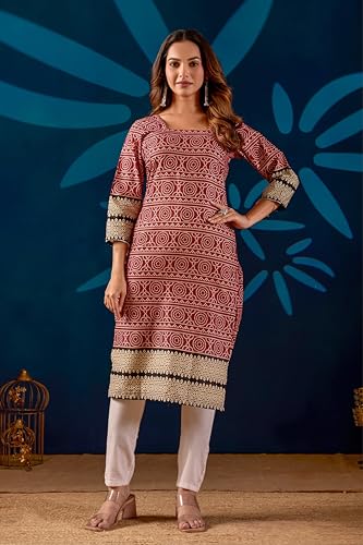 Image of Women's Pure Cotton Straight Fit Straight Cambric Jaipuri Printed Kurti