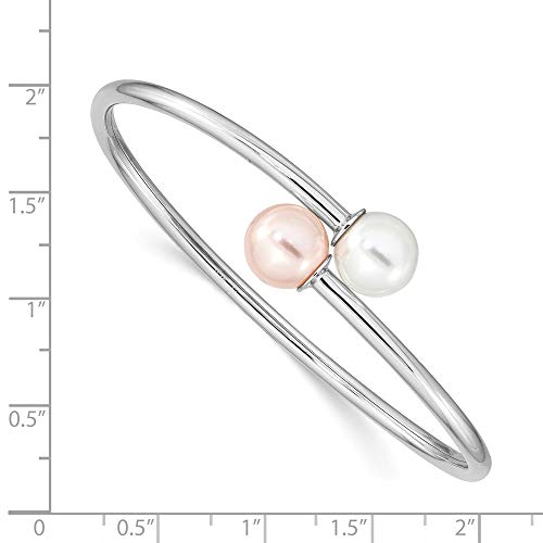 925 Sterling Silver 10-11Mm White Pink Imitation Shell Pearl Bangle Cuff Bracelet 7" #TOP2
