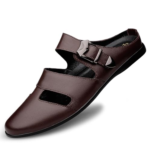 Men's Genuine Leather Hollow Closed Toe Sandals with Adjust Buckle Strap Breathable Closed Toe Anti-Slip Flat Mules Summer Casual Beach Driving Walking Slides