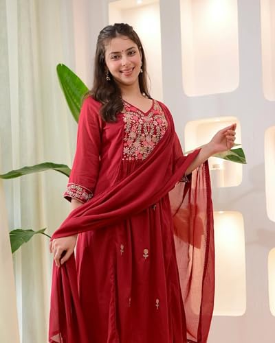 Image of KLOSIA Women Embroidery Solid Anarkali Kurta and Pant Set with Dupatta