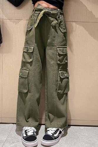 Image of Rolanko Girls Cargo Pants Baggy Y2K Cargo Trousers Jeans Wide Leg Pants with Multi Pockets 4-15 Years