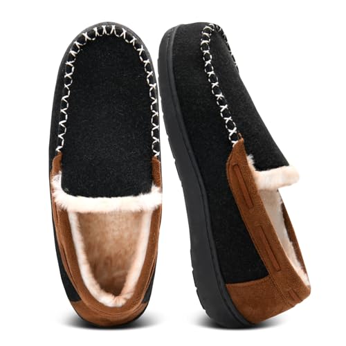 Honalika Men's Fuzzy Moccasin House Slippers Memory Foam, Cozy Mens Fluffy Warm Indoor Slippers Closed Back for Winter, Non-Slip Soft Comfy Bedroom Slippers for Men