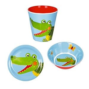 Set van 3 Melamine Kinderdiner Set Dinner Service Cup + Bord + Kom – Krokodil – Groen