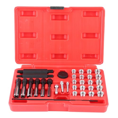 TKSE Glow Plug Thread Repair Kit,33PCS A3 Steel Glow Plug Removal Remover Tool with Box and Car Vehicle Glow Plug Thread Tool,Tap Insert Driver Guide Pin Thread Insert Tool