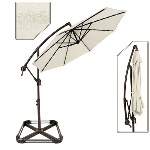 Image of AffinityFurn 3M Solar LED Cantilever Garden Parasol, Crank & Tilt, UV50+ Sun Protection Patio Umbrella, 8 Wind-Resistant Ribs, Waterproof Polyester Canopy, Outdoor Sun Shade for Patio, Beige