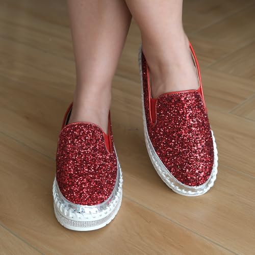 Image of Women's Platform Rhinestones Glitter Fashion Sneakers Comfortable Slip On Flat Loafers Walking Wedding Dress Shoes Casual Shoes