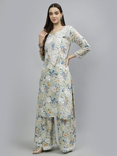 Image of Seva Chikan Hand Embroidered Lucknowi Chikankari Mal Mal Straight Printed Kurta & Palazzo Set for Women SCL8041