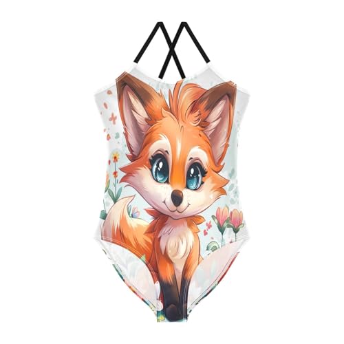 Girl Bathing Suits 3-10 Y Beach Apparel, Cute Cartoon Fox Flowers
