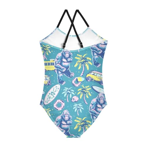 ALAZA Funny Gorilla Palm Tree Bus Girls Swimsuit Bathing Suit Beach Swimwear One Piece 3-10T2