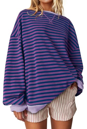 Image of UEU Women Oversized Striped Crewneck Sweatshirt Long Sleeve Color Block Pullover Tops Casual Loose Workout Shirt